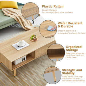 Mesa de centro moderna de estilo ratán de 41,34 pulgadas con almacenamiento de patas de madera maciza y puerta corredera mesa de sofá de Color Natural - Product Image 6