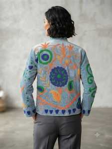 เสื้อเบลเซอร์กำมะหยี่สีน้ำเงินปักลายซูซานี คอจีน แขนยาว ลายดอกไม้ กันลม ซับในผ้าฝ้าย เสื้อผ้าฤดูหนาวสำหรับผู้หญิง - Product Image 3