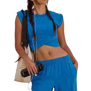 Nouvel Arrivage Ensemble Sportif 2 Pièces Bleu Uni pour Femme : Haut Court à Ourlet Torsadé et Pantalon de Survêtement Harem Tricoté Respirant Coupe Ample – Collection Printemps - Product Image 3
