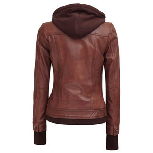 Women's Hooded Brown Leather <b>Jacket</b> - 2-in-1 Versatile Biker Style - Fashionable Slim Fit Ladies Leather Outerwear - Product Image 2