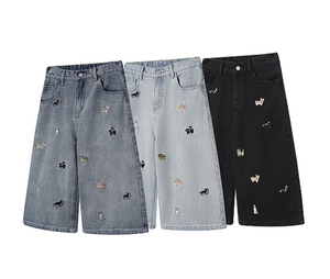 Shorts de Mezclilla Unisex con Estampado de Perro Bordado, Estilo Urbano, Pierna Ancha, Lavados, con Logotipo Personalizado, Venta al Por Mayor OEM B2B - Product Image 2