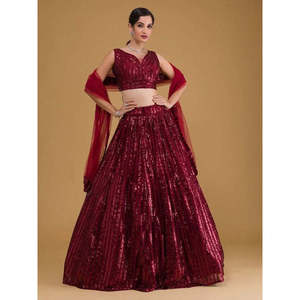 Red Embroidered <b>Sequins</b> Lehenga Choli with Dupatta for Summer Party Wear - Product Image 3