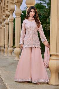 Pink Faux Georgette Embroidered <b>Kurta</b> Palazzo Set Dupatta <b>Women</b> Traditional Regular Fit Floor-Length Party Suit India Pakistan - Product Image 2