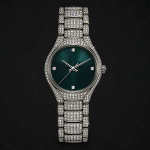 Reloj con Esfera Verde Esmeralda y Diamantes, Caja Plateada con Cristales, Elegante, Minimalista, de Lujo, Brillante, Regalo de Moda Unisex - Product Image 1