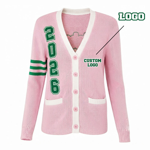 2026 <b>Custom</b> University Sorority Pink Cardigan Acrylic Knit Women's Sweater V Neck Fraternity Greek Chenille Logo Striped Varsity - Product Image 1