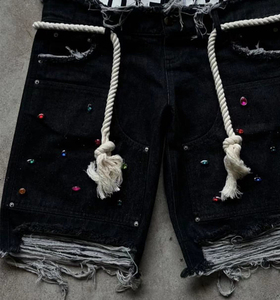 Shorts en jean délavé pour homme, taille haute, coupe droite, en coton, style décontracté d'été avec poches, tissu tissé, détails surpiqués - Product Image 2