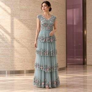 Elegant Dusty Sage Blue Floral Embellished Tiered Evening <b>Gown</b> | V Neck Cap Sleeve Beaded Sequin Tulle A Line <b>Floor</b> <b>Length</b> Dress - Product Image 2