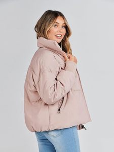 Women's Pink Quilted Jacket <b>Stand</b> Collar Full Sleeve Zipper Closure Solid Color Short Length Winter <b>Coat</b> - Product Image 3