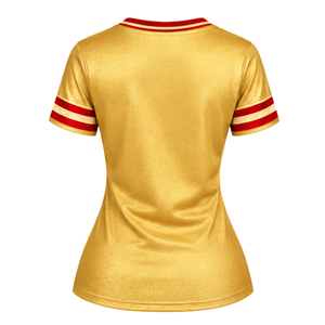 Maillot de football PDK Gold pour femme, rouge sergé, numéros 1923, motif branche de laurier, col en V, manches rayées, haut de tenue de sororité - Product Image 4
