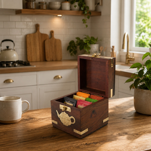 Luxury Indian Rosewood Tea Storage Box with Brass Teapot Inlay Handcrafted Wooden Organizer Gift Collection Decor Set Premium - Product Image 4