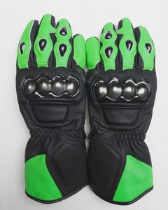 Gants de moto en cuir véritable vert-noir de qualité supérieure avec protection rigide des articulations et manchette longue pour la conduite à moto - Product Image 1