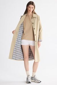 Manteau long élégant pour femme, beige uni, manches longues, col à revers, fermeture boutonnée, vêtement d'extérieur pour l'automne - Product Image 5