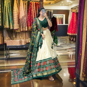 Lehenga choli อินเดียแต่งงานกับ pakistani pakistani ที่มีสีเขียวพิมพ์ผ้าฝ้ายผ้าใบ - Product Image 1