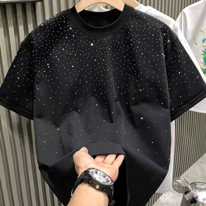 T-shirt noir de luxe orné de strass, tee-shirt en cristal de diamant sur toute la surface, streetwear hip-hop surdimensionné, vente en gros de t-shirts pour hommes - Product Image 1