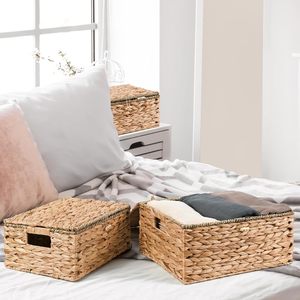 High Quality Eco-Friendly Rustic Water Hyacinth Set 3 Woven <b>Storage</b> <b>Baskets</b> Lid Multi-Purpose <b>Rectangle</b> Customized Color - Product Image 6