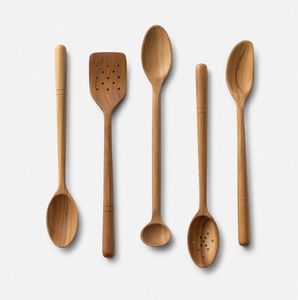 Juego de cucharas de madera natural maciza con espátula, cuchara para sopas, volteador y cuchara para mezclar, utensilios de cocina. - Product Image 2