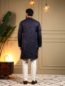 <b>Men</b> Navy Blue Silk <b>Kurta</b> Pajama Set Regular Fit Traditional Indian Pakistani Knee-Length Wrinkle Free Wedding Wear - Product Image 6