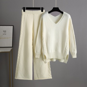 Women's Knitted V-Neck <b>Sweater</b> <b>Set</b> Full Length Loose Fit 2 Piece Solid Color Winter Casual Wear Anti-Pilling Acrylic Material - Product Image 2