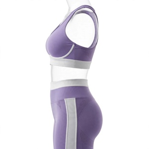 Women's Purple Yoga Set <b>Racerback</b> Sports <b>Bra</b> High Waist Full Length Leggings Ribbed Seamless Breathable - Product Image 4