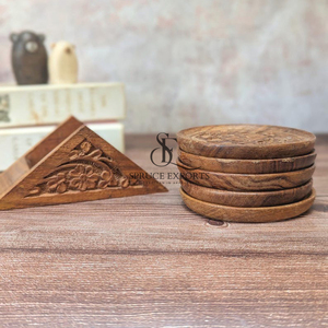 Hand-Carved Wooden <b>Coaster</b> <b>Set</b> With Stand. Antique Floral Embossed Design Round Shape Drink Mats For Rustic Table Decoration - Product Image 2
