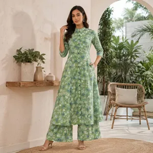 Ensemble Kurta Plazo pour femmes, vert, en coton, imprimé floral, coupe trapèze, manches trois quarts, col mandarin, deux pièces, traditionnel, ethnique, décontracté - Product Image 4
