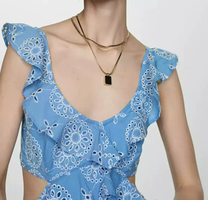 Nuevo Diseño, Vestido Maxi Personalizado con Escote Profundo en V, Espalda Descubierta, Volantes y Bordado para Mujer - Product Image 4
