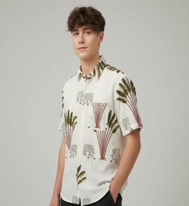 Chemise décontractée blanche pour homme 100% coton à imprimé floral, tissu tricoté respirant, durable et écologique, personnalisable ODM OEM - Product Image 1