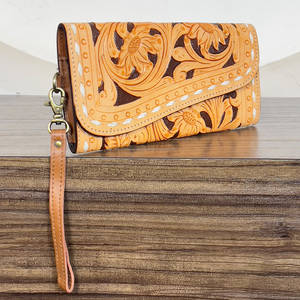 Carteras de Mano Personalizadas de Cuero Genuino con Diseño Floral, Tarjetero de Lujo con Hojas, Gran Capacidad, Multiusos - Product Image 4