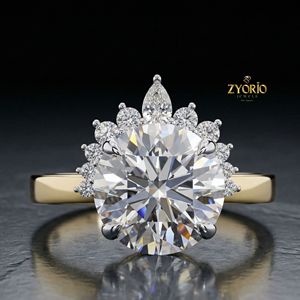 10K Gold Crown Halo Round Cut Diamond Engagement <b>Ring</b> Royal Inspired Bridal <b>Statement</b> <b>Ring</b> for Women - Product Image 1
