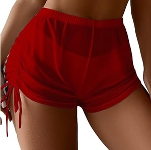 Shorts en maille pour femmes, bleu clair, taille haute, tricotés, avec cordon de serrage, décontractés, respirants, pour la natation, coupe ajustée - Product Image 5
