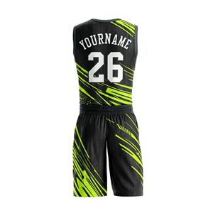 Tenue d'équipe professionnelle 100% polyester respirant, ensemble maillot et short de basketball noir néon, uniformes sportifs en maille sublimée - Product Image 2