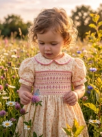 Robe d'été chic et mignonne pour bébé et enfant, brodée main, motif géométrique jaune, en coton, style vintage, motif floral anglais, longueur genou, ODM/OEM