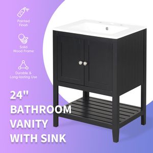 Meuble-lavabo de salle de bain moderne et élégant noir de 24 pouces avec lavabo en céramique raffiné, cadre en bois massif et étagère ouverte - Vidéo produit - Product Image 6