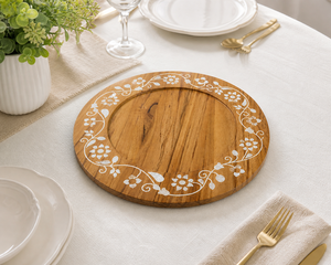 Handmade Wooden Tray with Mother of Pearl Inlay Round Serving Platter Decorative Food Tray for <b>Dining</b> <b>Table</b> Home Kitchen Decor - Product Image 3