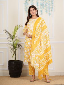 Vestido de Verano para Mujer, de Algodón Cambray, Largo hasta la Rodilla, Manga Tres Cuartos, Cuello Redondo, Estampado Floral, Bordado, Amarillo, Protección Solar, Secado Rápido - Product Image 6