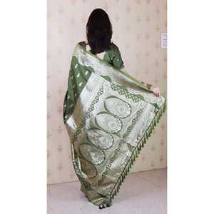 Sari de Seda Suave Banarasi Verde Mehendi con Zari Plateado Tejido, Prenda Tradicional India Premium, Tejidos de Élite, 650g - Product Image 4