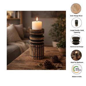 Porte-bougie en bois naturel sculpté, design rustique, décoration d'intérieur, support de bougie de Noël, artisanat artisanal - Product Image 2