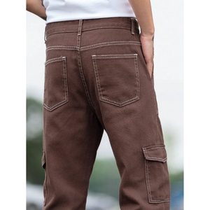 Jean cargo en denim marron moderne pour homme, coupe ample, style vintage, écologique, respirant, hiver, délavé, grande taille, thème rétro - Product Image 2