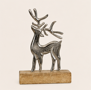 Personalized Metal Stag Christmas Ornament On Wooden Plinth Elegant Silver Deer Statue Centerpiece for Holiday Mantel <b>Decor</b> - Product Image 3