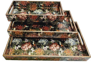 Ensemble de plateaux de service de qualité supérieure en argent floral fait à la main de qualité commerciale 3 pièces en MDF Design Plusieurs tailles Passe au lave-vaisselle - Product Image 1