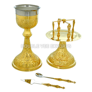 Cross Carved Brass Chalice Set | Christian <b>Communion</b> Cup & Paten – DOUBLE VEE EXPORTS - Product Image 2