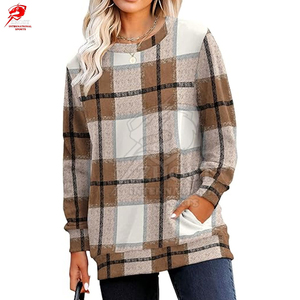 Sweat-shirt en molleton à carreaux pour femme, à manches longues, col rond, tricoté, décontracté, pour l'automne - Product Image 1