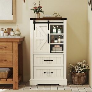 Mobiletto Decorativo Stile Fattoria Bianco con Ante Scorrevoli, 2 Cassetti e Ripiani Regolabili per Uso in Più Stanze, Montato per Facile Installazione nel Soggiorno - Product Image 5