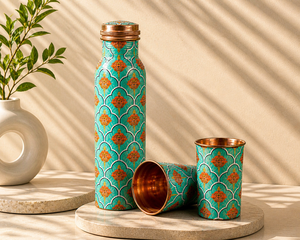 Meena Finish Copper Bottle and Cup <b>Set</b> 950ml Handmade Premium <b>Gift</b> <b>Set</b> Supplier - Product Image 1