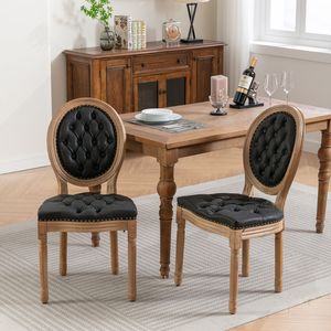 Sedia da Pranzo in Legno Massello Stile Francese con Decorazione Antica Dipinta a Mano, Fibbia e Finitura in Pelle Artificiale PU con Borchie - Product Image 1