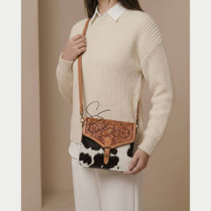 Sac bandoulière vintage en cuir véritable, motif floral, en cuir de vachette, sac à main western en cuir de vache à poils pour femme - Product Image 2