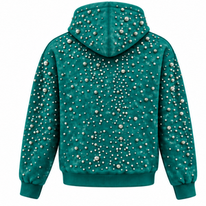 Sudadera con Capucha Unisex Oversize de Color Verde Azulado con Cuentas de Perlas, Estilo Casual Urbano, con Bolsillo Canguro, Ropa de Moda Personalizada - Product Image 2