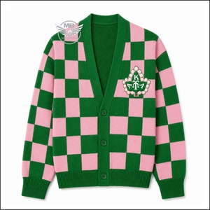 Cárdigan de Mujer, Nuevo Diseño, Rosa y Verde a Cuadros, Zeta Phi Beta, Cuello en V, Manga Larga, Bordado, Tejido Informal - Product Image 1