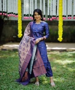 Ensemble haut et bas en jacquard fantaisie avec dupatta, tenue de fête, prix de gros, vêtement ethnique bleu - Product Image 1
