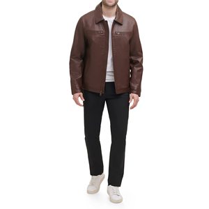 Genuine Leather Coated Varsity Jacket for <b>Men</b> with Stand Collar Zipper Closure Warm Inner Lining Autumn Wear - Product Image 1